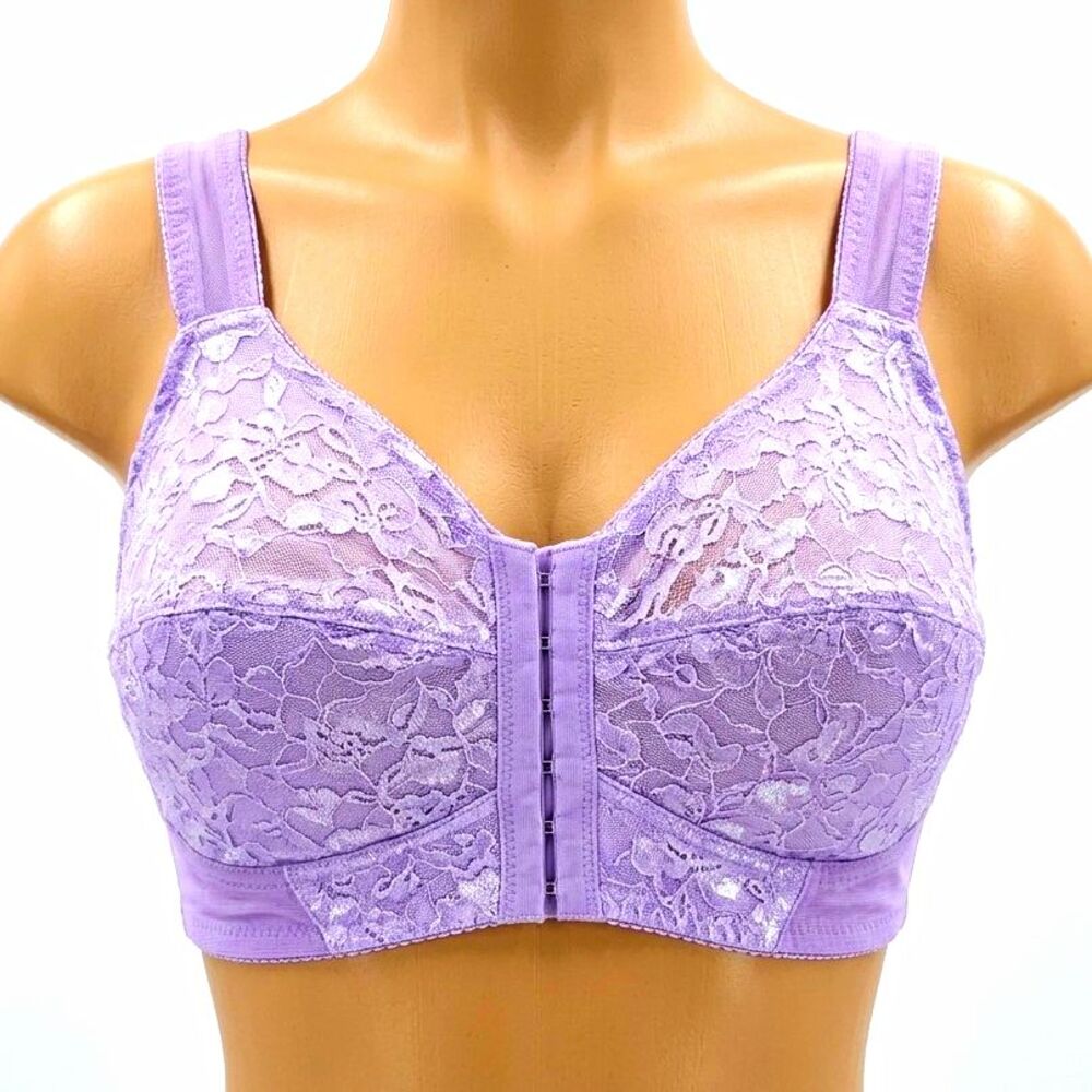 Womens Purple Floral Lace Bra 44B Wireless Full Coverage Unpadded Front Hook